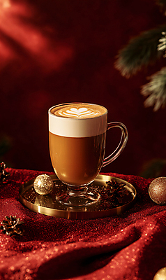 JPG 편집이미지 커피 크리스마스 겨울 사람없음 빨간색 카페 커피잔 천 컵받침 메뉴 솔방울 신상품 오너먼트 편집실사 AI포토 AI콘텐츠 계절 기념일 음료 컬러 크리스마스장식 잔 상점 직물 상품 받침대 CG 파일형식