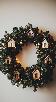 JPG 편집이미지 크리스마스 겨울 주택 선물 사람없음 초록색 미니어처 감성 리스장식 크리스마스리스 편집실사 AI포토 AI콘텐츠 계절 기념일 컬러 컨셉 건물 장식 모형 화환 CG 파일형식