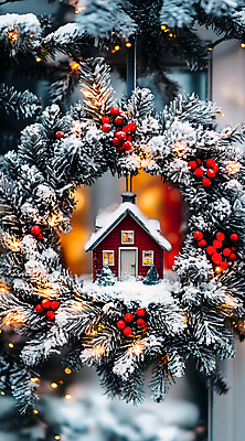 JPG 편집이미지 열매 크리스마스 겨울 주택 사람없음 초록색 미니어처 눈 보케 감성 리스장식 크리스마스리스 편집실사 AI포토 AI콘텐츠 자연요소 식물 계절 기념일 컬러 컨셉 날씨 건물 장식 모형 화환 CG 파일형식