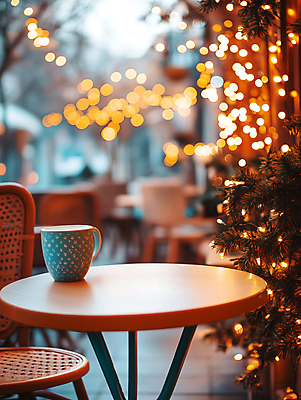 JPG 편집이미지 크리스마스 겨울 의자 탁자 사람없음 주황색 카페 커피잔 보케 감성 솔잎 편집실사 AI포토 AI콘텐츠 계절 기념일 커피 컬러 가구 컨셉 잎 잔 상점 CG 파일형식