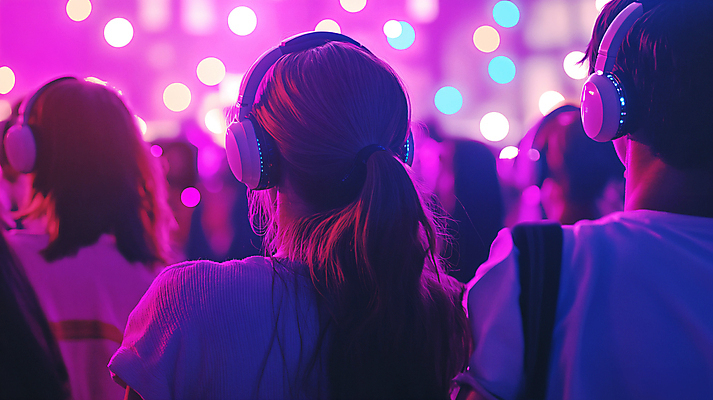 JPG 편집이미지 여자 남자 음악 여러명 성인 파티 보라색 헤드셋 침묵 춤 화려 분위기 군중 클럽 보케 무음 의료성형뷰티 성인만 편집실사 AI인물포토 AI콘텐츠 컬러 음향기기 다수 컨셉 문화예술 사람 이벤트 헤드폰 소리 CG 파일형식 AI포토