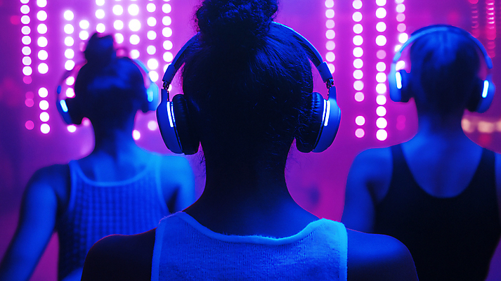 JPG 편집이미지 여자 남자 음악 성인 세명 파티 보라색 헤드셋 침묵 춤 화려 분위기 클럽 보케 무음 의료성형뷰티 성인만 편집실사 AI인물포토 AI콘텐츠 컬러 음향기기 컨셉 문화예술 사람 이벤트 헤드폰 소리 CG 파일형식 AI포토