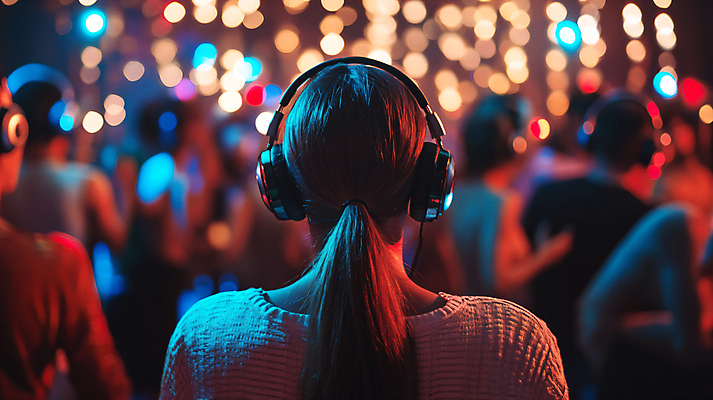 JPG 편집이미지 여자 남자 음악 여러명 성인 파티 주황색 헤드셋 침묵 춤 화려 분위기 군중 클럽 보케 무음 의료성형뷰티 성인만 편집실사 AI인물포토 AI콘텐츠 컬러 음향기기 다수 컨셉 문화예술 사람 이벤트 헤드폰 소리 CG 파일형식 AI포토