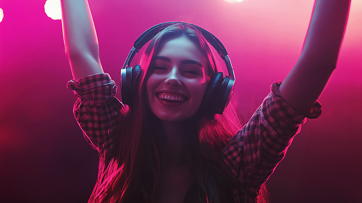 JPG 편집이미지 여자 음악 한명 미소 성인 파티 손들기 보라색 헤드셋 침묵 만세 춤 화려 분위기 클럽 보케 무음 의료성형뷰티 성인여자한명만 편집실사 AI인물포토 AI콘텐츠 1 컬러 음향기기 컨셉 모션 문화예술 표정 사람 이벤트 헤드폰 소리 CG 여자한명만 성인여자만 파일형식 AI포토