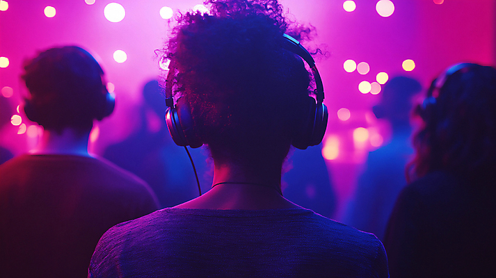 JPG 편집이미지 여자 남자 음악 여러명 성인 파티 보라색 헤드셋 침묵 춤 화려 분위기 군중 클럽 보케 무음 의료성형뷰티 성인만 편집실사 AI인물포토 AI콘텐츠 컬러 음향기기 다수 컨셉 문화예술 사람 이벤트 헤드폰 소리 CG 파일형식 AI포토