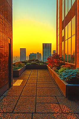 JPG 편집이미지 화초 하늘 풍경 사람없음 건물 노을 주황색 발코니 도심 화단 편집실사 점자블록 AI컴퓨터그래픽 AI콘텐츠 자연요소 식물 건축물 컬러 도시 CG 파일형식