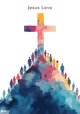 전신 기독교 십자가 일러스트 산 사랑 사람 여러명 컬러풀 예수 군중 언덕 국내일러스트 AI파일 감정 종교 컬러 다수 신_종교 파일형식 벡터