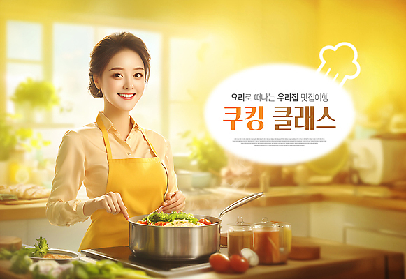 PSD 편집 편집이미지 여자 음식 채소 안내 요리 한명 미소 들기 성인 노란색 주방 앞치마 냄비 강의 즐거움 홍보물 조리대 학원 광고편집 요리교실 클래스 의료성형뷰티 성인여자한명만 이미지편집 1 교육 감정 컬러 모션 수업 표정 사람 솥 여자한명만 성인여자만 파일형식