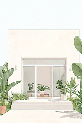 JPG 화분 일러스트 창문 주택 사람없음 인테리어 정원 흰색 풀잎 모던 자취 국내일러스트 AI일러스트 AI콘텐츠 디자인 컬러 잎 건물 풀_식물 파일형식