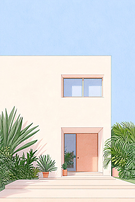 JPG 화분 일러스트 창문 주택 사람없음 인테리어 문 정원 흰색 풀잎 모던 자취 국내일러스트 AI일러스트 AI콘텐츠 디자인 컬러 잎 건물 풀_식물 파일형식