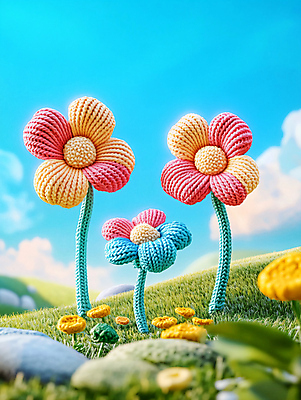 JPG 구름 편집이미지 꽃 자연 하늘 풍경 초원 사람없음 컬러풀 귀여움 뜨개질 털실 니트 편집실사 AI컴퓨터그래픽 AI콘텐츠 자연요소 식물 컬러 컨셉 상의 취미 실 CG 생태계 파일형식