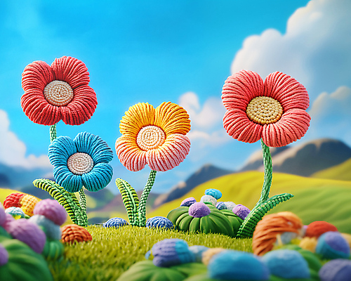 JPG 구름 편집이미지 꽃 자연 하늘 풍경 초원 사람없음 컬러풀 귀여움 뜨개질 털실 니트 편집실사 AI컴퓨터그래픽 AI콘텐츠 자연요소 식물 컬러 컨셉 상의 취미 실 CG 생태계 파일형식