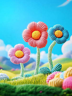 JPG 구름 편집이미지 꽃 자연 하늘 풍경 초원 사람없음 컬러풀 귀여움 뜨개질 털실 니트 편집실사 AI컴퓨터그래픽 AI콘텐츠 자연요소 식물 컬러 컨셉 상의 취미 실 CG 생태계 파일형식