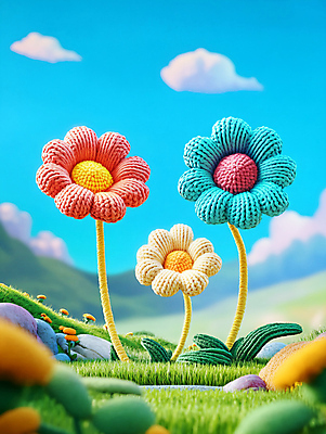 JPG 구름 편집이미지 꽃 하늘색 자연 하늘 풍경 초원 사람없음 컬러풀 귀여움 뜨개질 털실 니트 편집실사 AI컴퓨터그래픽 AI콘텐츠 자연요소 식물 컬러 컨셉 상의 취미 파란색 실 CG 생태계 파일형식