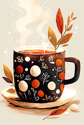 JPG 겨울 일러스트 사람없음 주황색 머그컵 풀잎 컵받침 코코아 국내일러스트 AI일러스트 AI콘텐츠 계절 음료 컬러 잎 컵 풀_식물 받침대 파일형식