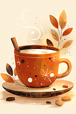 JPG 겨울 일러스트 사람없음 주황색 우유 머그컵 풀잎 컵받침 2025년 트렌드컬러 국내일러스트 모카무스 AI일러스트 AI콘텐츠 계절 컬러 잎 유제품 컵 풀_식물 연도 받침대 파일형식