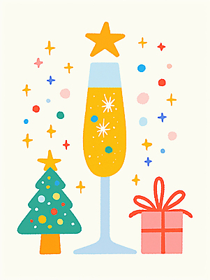 JPG 일러스트 휴식 기념 선물 사람없음 장식 선물상자 반짝임 크리스마스트리 노란색 파티 축제 샴페인 샴페인잔 홀리데이 국내일러스트 AI일러스트 AI콘텐츠 컬러 컨셉 크리스마스 술잔 모션 휴가 주류 이벤트 상자 파일형식