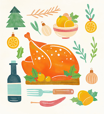 JPG 포크 크리스마스 채소 과일 일러스트 휴식 사람없음 크리스마스트리 파티 와인 주황색 식사 풀잎 레몬 칠면조구이 홀리데이 오너먼트 국내일러스트 AI일러스트 AI콘텐츠 식기 기념일 컬러 컨셉 잎 크리스마스장식 휴가 주류 이벤트 풀_식물 구이 파일형식