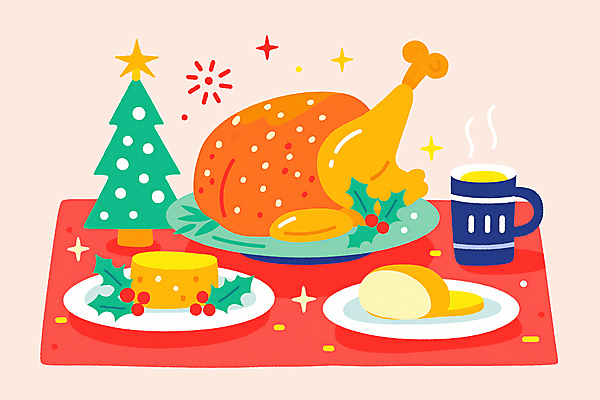 JPG 접시 빵 크리스마스 겨울 일러스트 휴식 치즈 사람없음 컵 컬러풀 크리스마스트리 파티 축제 식사 풀잎 칠면조구이 홀리데이 국내일러스트 AI일러스트 AI콘텐츠 식기 계절 기념일 음식 컬러 컨셉 잎 휴가 유제품 이벤트 풀_식물 구이 파일형식
