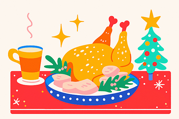 JPG 접시 크리스마스 일러스트 휴식 사람없음 컵 컬러풀 크리스마스트리 파티 축제 칠면조구이 홀리데이 국내일러스트 AI일러스트 AI콘텐츠 식기 기념일 컬러 컨셉 휴가 이벤트 구이 파일형식