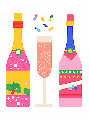 JPG 크리스마스 일러스트 전구 휴식 기념 사람없음 컬러풀 파티 축제 샴페인 샴페인잔 샴페인병 홀리데이 국내일러스트 AI일러스트 AI콘텐츠 기념일 컬러 컨셉 술잔 술병 휴가 주류 이벤트 파일형식