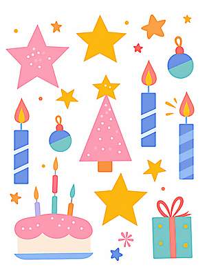 JPG 별 크리스마스 일러스트 촛불 휴식 사람없음 장식 선물상자 컬러풀 크리스마스트리 파티 케이크 축제 화려 오브젝트 홀리데이 국내일러스트 AI일러스트 AI콘텐츠 자연요소 기념일 컬러 컨셉 초 휴가 디저트 선물 이벤트 상자 파일형식