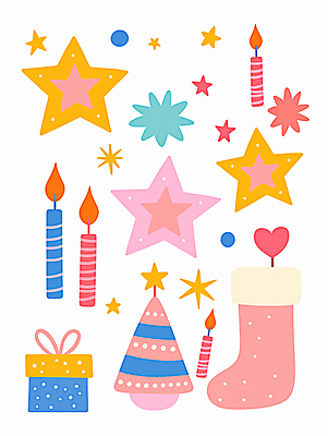 JPG 별 크리스마스 일러스트 촛불 휴식 사람없음 장식 선물상자 컬러풀 크리스마스트리 파티 축제 화려 오브젝트 크리스마스양말 홀리데이 국내일러스트 AI일러스트 AI콘텐츠 자연요소 기념일 컬러 컨셉 크리스마스장식 초 휴가 양말 선물 이벤트 상자 파일형식