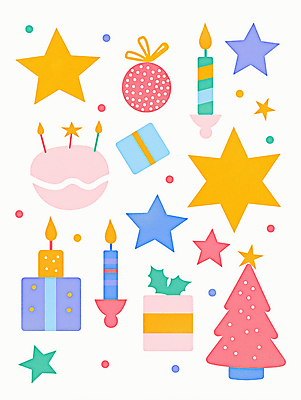 JPG 별 크리스마스 일러스트 촛불 휴식 사람없음 장식 선물상자 컬러풀 크리스마스트리 파티 축제 화려 오브젝트 홀리데이 오너먼트 국내일러스트 AI일러스트 AI콘텐츠 자연요소 기념일 컬러 컨셉 크리스마스장식 초 휴가 선물 이벤트 상자 파일형식