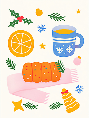기념일 음식 컬러 컨셉 잎 크리스마스장식 크리스마스 과일 휴가 눈_날씨 이벤트 컵 풀_식물 파일형식 AI콘텐츠 오너먼트 풀잎 크리스마스트리 빵 머그컵 눈꽃 장식 오렌지 파티 축제 JPG 일러스트 오브젝트 홀리데이 휴식 사람없음 컬러풀 국내일러스트 AI일러스트