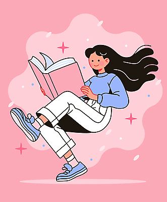 전신 여자 교육 별 분홍색 일러스트 상상 한명 웃음 들기 성인 공중 책 독서 읽기 성인여자한명만 국내일러스트 AI파일 자연요소 1 컬러 모션 표정 사람 여자한명만 성인여자만 파일형식 벡터