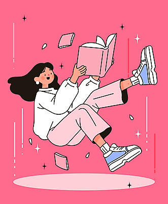 전신 여자 교육 별 분홍색 일러스트 상상 한명 미소 들기 성인 공중 책 독서 읽기 성인여자한명만 국내일러스트 AI파일 자연요소 1 컬러 모션 표정 사람 여자한명만 성인여자만 파일형식 벡터