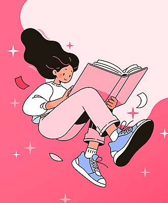 전신 여자 교육 종이 분홍색 일러스트 상상 한명 웃음 들기 성인 공중 책 독서 읽기 성인여자한명만 국내일러스트 AI파일 1 컬러 모션 표정 사람 여자한명만 성인여자만 파일형식 벡터