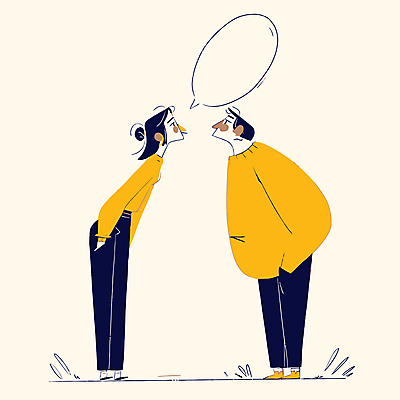 전신 여자 남자 말풍선 일러스트 대화 성인 두명 노란색 마주보기 주머니손 소통 베이지색 성인만 국내일러스트 AI파일 컬러 컨셉 모션 말하기 사람 파일형식 벡터