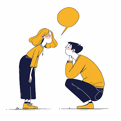 전신 여자 남자 말풍선 일러스트 대화 성인 두명 노란색 마주보기 턱괴기 웅크림 소통 성인만 국내일러스트 AI파일 컬러 컨셉 모션 말하기 사람 파일형식 벡터