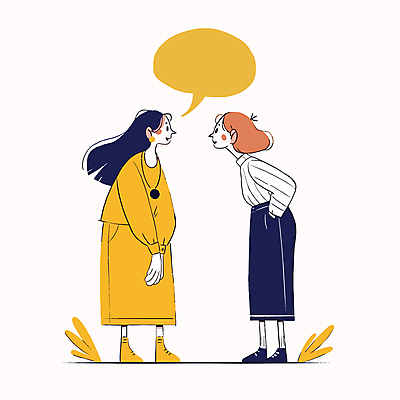 전신 여자 말풍선 일러스트 대화 미소 웃음 성인 두명 노란색 마주보기 주머니손 소통 성인여자만 국내일러스트 AI파일 컬러 컨셉 모션 표정 말하기 사람 여자만 성인만 파일형식 벡터