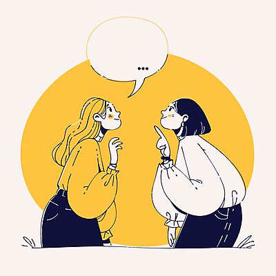 여자 말풍선 일러스트 대화 미소 성인 두명 노란색 마주보기 가리킴 소통 성인여자만 국내일러스트 AI파일 컬러 컨셉 모션 표정 말하기 사람 손짓 여자만 성인만 파일형식 벡터