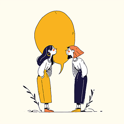 전신 여자 말풍선 일러스트 대화 미소 웃음 성인 두명 노란색 마주보기 주머니손 소통 베이지색 성인여자만 국내일러스트 AI파일 컬러 컨셉 모션 표정 말하기 사람 여자만 성인만 파일형식 벡터