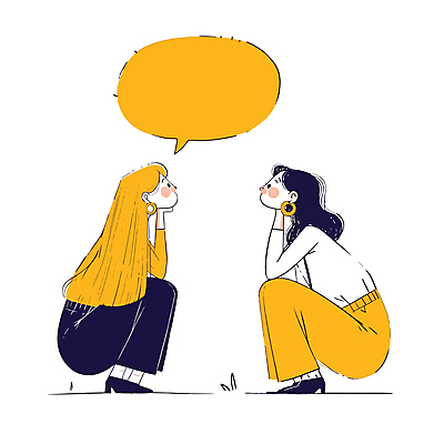 전신 여자 말풍선 일러스트 대화 성인 두명 노란색 마주보기 턱괴기 마주앉기 웅크림 소통 성인여자만 국내일러스트 AI파일 컬러 컨셉 모션 말하기 사람 앉기 여자만 성인만 파일형식 벡터