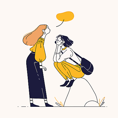 전신 응시 여자 말풍선 일러스트 대화 성인 두명 노란색 마주보기 턱괴기 걸터앉기 웅크림 소통 성인여자만 국내일러스트 AI파일 시선 컬러 컨셉 모션 말하기 사람 앉기 여자만 성인만 파일형식 벡터