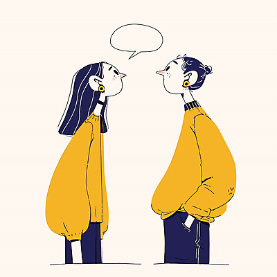 여자 남자 말풍선 일러스트 대화 성인 두명 노란색 마주보기 걱정 주머니손 소통 성인만 국내일러스트 AI파일 감정 컬러 컨셉 모션 말하기 사람 파일형식 벡터