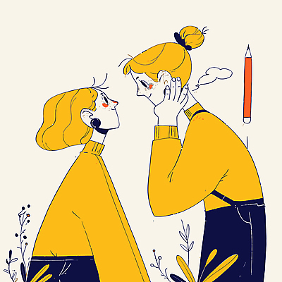 여자 말풍선 일러스트 대화 미소 성인 두명 연필 노란색 마주보기 턱괴기 소통 베이지색 성인여자만 국내일러스트 AI파일 컬러 컨셉 모션 학용품 표정 말하기 사람 필기구 여자만 성인만 파일형식 벡터