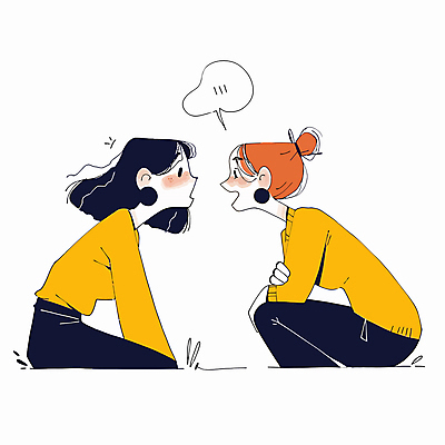 여자 말풍선 일러스트 대화 웃음 성인 두명 노란색 마주보기 놀람 마주앉기 웅크림 소통 성인여자만 주저앉기 국내일러스트 AI파일 감정 컬러 컨셉 모션 표정 말하기 사람 앉기 여자만 성인만 파일형식 벡터