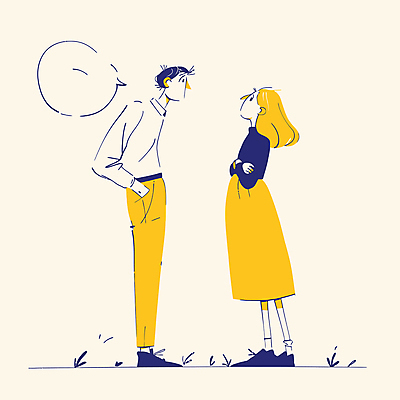 전신 여자 남자 말풍선 일러스트 대화 성인 두명 노란색 마주보기 팔짱 걱정 주머니손 소통 베이지색 성인만 국내일러스트 AI파일 감정 컬러 컨셉 모션 말하기 사람 파일형식 벡터
