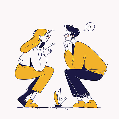 여자 남자 말풍선 일러스트 대화 미소 성인 두명 노란색 마주보기 턱괴기 물음표 가리킴 마주앉기 웅크림 소통 성인만 국내일러스트 AI파일 기호 컬러 컨셉 모션 표정 말하기 사람 앉기 손짓 파일형식 벡터