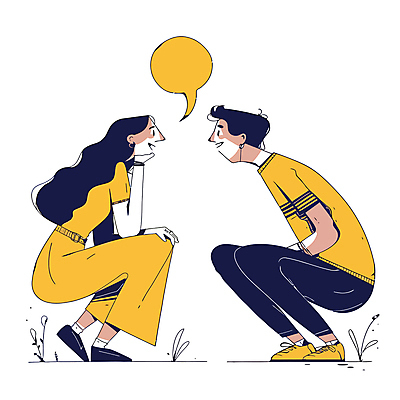 전신 여자 남자 말풍선 일러스트 대화 성인 두명 노란색 마주보기 턱괴기 마주앉기 웅크림 소통 성인만 국내일러스트 AI파일 컬러 컨셉 모션 말하기 사람 앉기 파일형식 벡터
