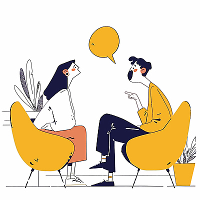 전신 여자 남자 말풍선 의자 일러스트 대화 웃음 앉기 성인 두명 노란색 마주보기 가리킴 마주앉기 소통 성인만 국내일러스트 AI파일 컬러 가구 컨셉 모션 표정 말하기 사람 손짓 파일형식 벡터