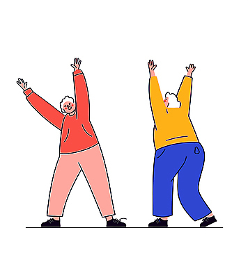 전신 여자 노년 남자 일러스트 모션 건강 웃음 두명 운동 손들기 건강관리 스트레칭 에너지 활기 유산소운동 노인만 국내일러스트 AI파일 컨셉 표정 관리 사람 성인 성인만 파일형식 벡터