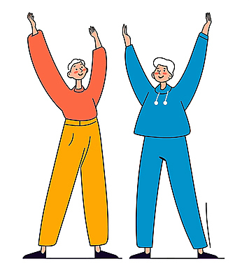 전신 노년 남자 일러스트 모션 건강 웃음 두명 운동 손들기 건강관리 스트레칭 에너지 활기 유산소운동 노인남자만 액티비티 국내일러스트 AI파일 컨셉 표정 관리 사람 성인 남자만 노인만 파일형식 벡터