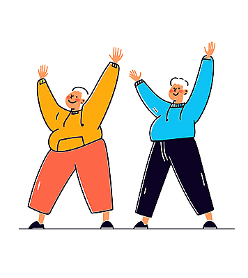 전신 노년 남자 일러스트 모션 건강 웃음 두명 운동 손들기 건강관리 스트레칭 에너지 활기 유산소운동 노인남자만 국내일러스트 AI파일 컨셉 표정 관리 사람 성인 남자만 노인만 파일형식 벡터