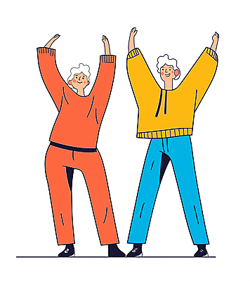 전신 노년 남자 일러스트 모션 건강 웃음 두명 운동 손들기 건강관리 스트레칭 에너지 활기 유산소운동 노인남자만 국내일러스트 AI파일 컨셉 표정 관리 사람 성인 남자만 노인만 파일형식 벡터